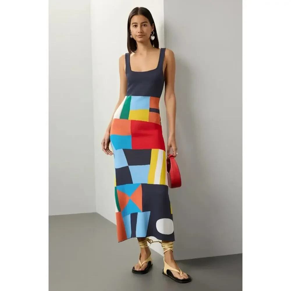 Staud Katie Dress Blue Red Yellow Tank Knit Bodycon Stretch Block SIZE L